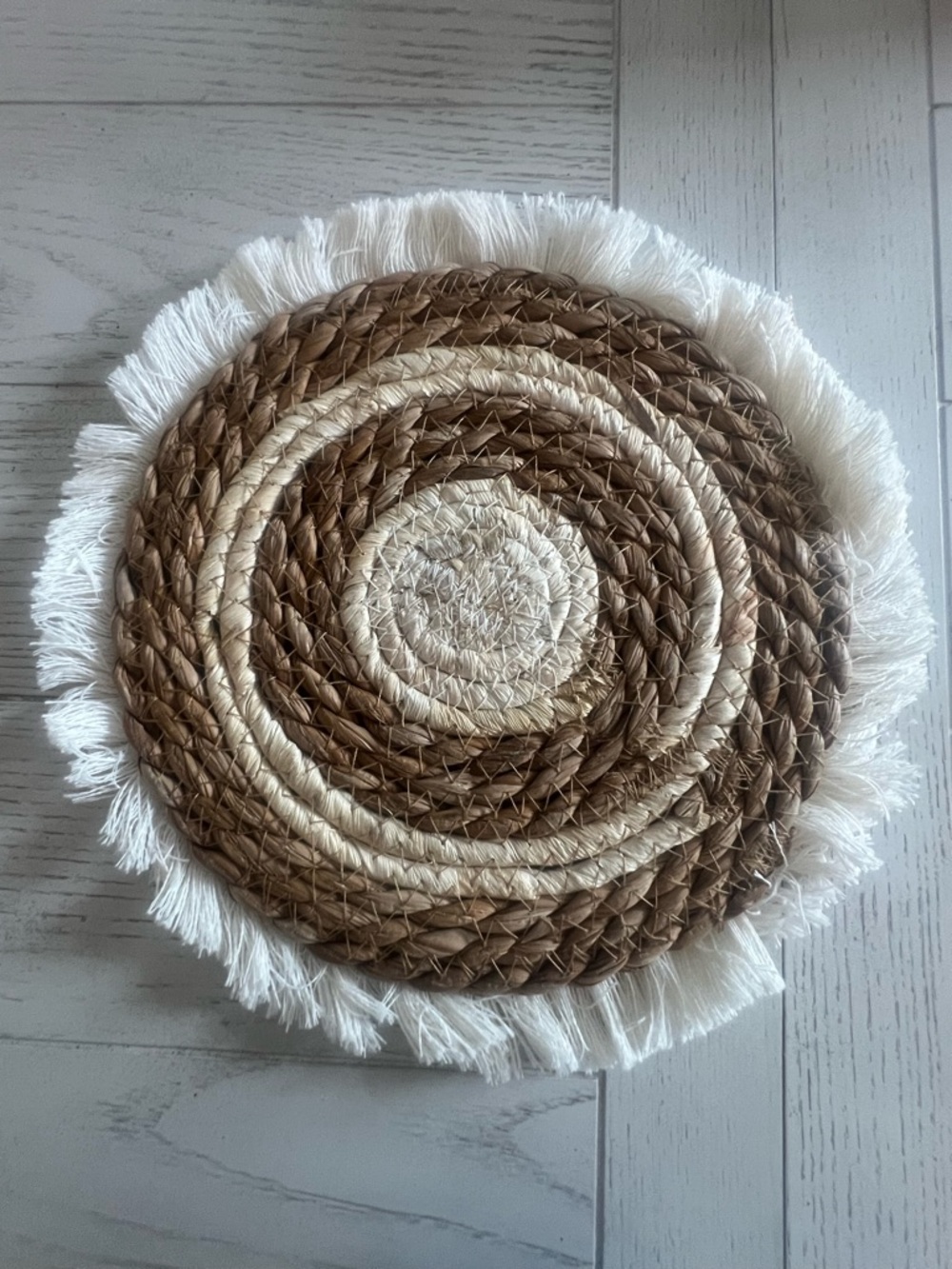 Woven Round Braided Wall/Home Decor with Fringe - Neutral Tones